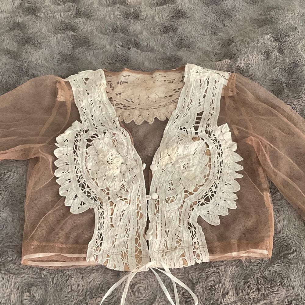 Delicate Sheer cream Cropped Top with Ivory Lace